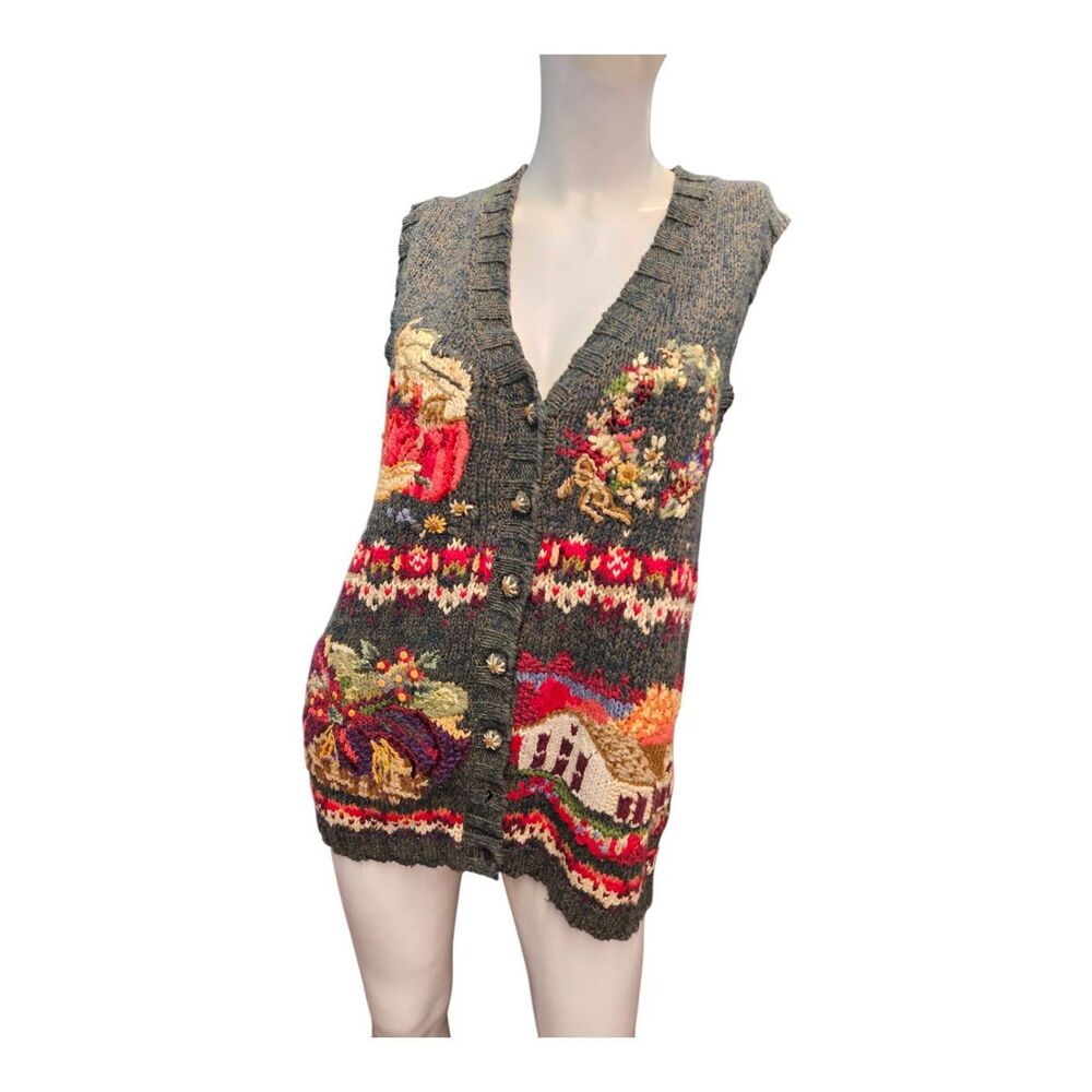 Tiara International 80's Green Knit Cardigan Sweater Vest Womens Medium Cottage - Picture 3 of 9